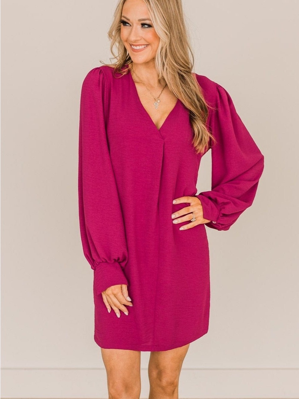Zara Magenta V-Neck Long Sleeve Shift Dress